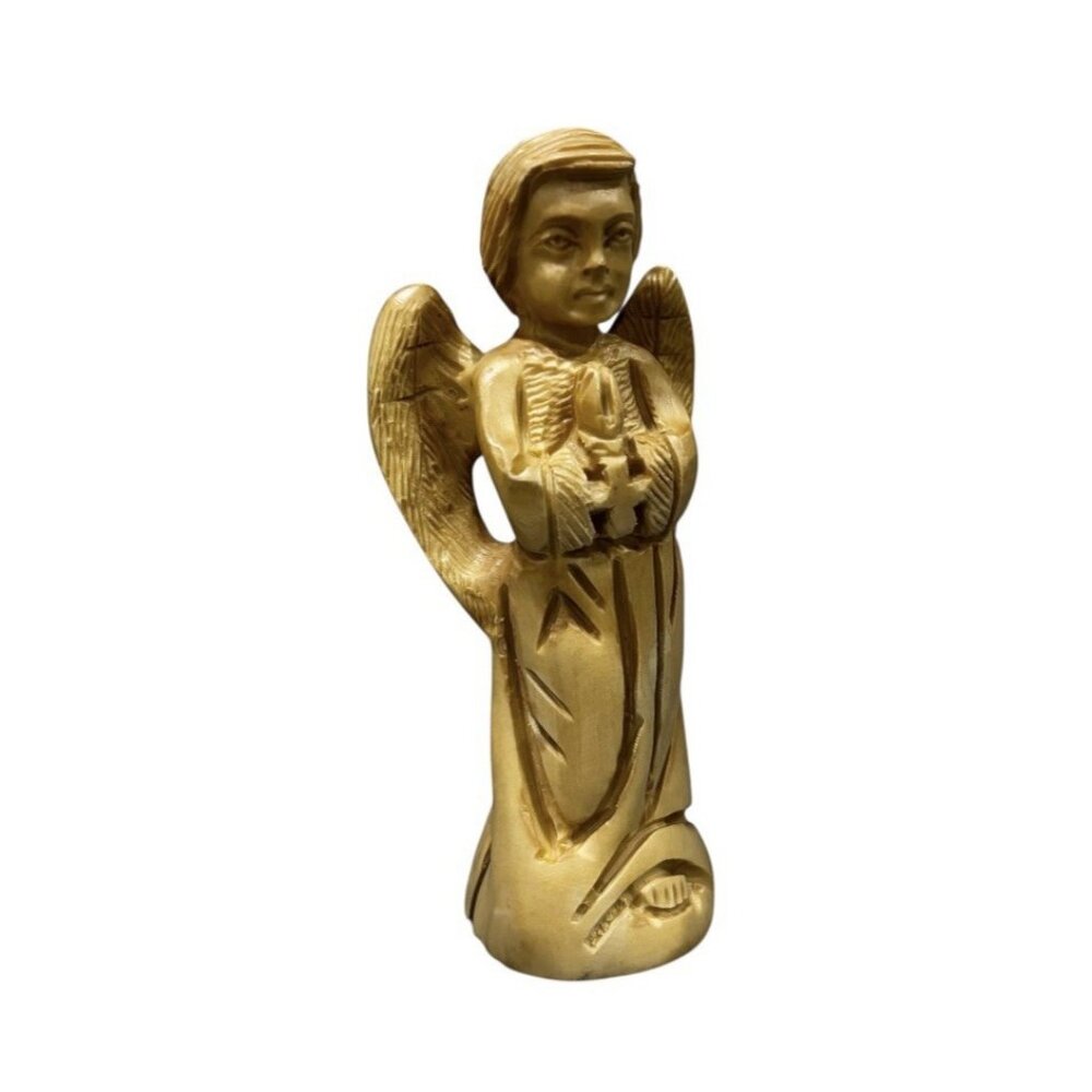 Small Praying Angel with Cross - carved in olive wood Handmade Christian Trinket